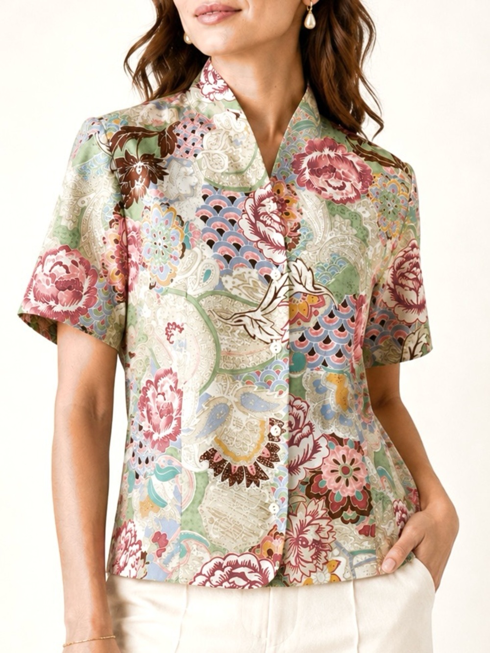 PENDLETON Japanese Inspired Multicolor Pattern Button Down Top